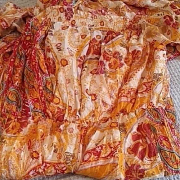 Free People Carmen Vibrant Orange Boho print off the shoulder Wide Leg Jumpsuit - Picture 5 of 11